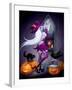 Halloween Illustration : a Beautiful Witch Looking at a New York City-feoris-Framed Art Print