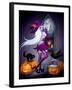 Halloween Illustration : a Beautiful Witch Looking at a New York City-feoris-Framed Art Print