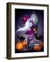 Halloween Illustration : a Beautiful Witch Looking at a New York City-feoris-Framed Art Print