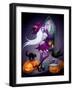 Halloween Illustration : a Beautiful Witch Looking at a New York City-feoris-Framed Art Print