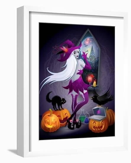 Halloween Illustration : a Beautiful Witch Looking at a New York City-feoris-Framed Art Print