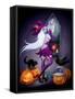 Halloween Illustration : a Beautiful Witch Looking at a New York City-feoris-Framed Stretched Canvas