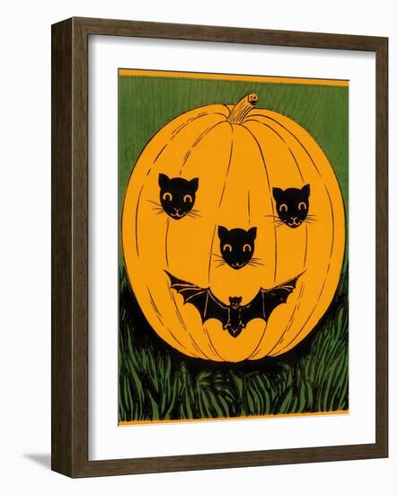 Halloween, Jack O'Lantern with Cat and Bat Cut-Outs-null-Framed Art Print