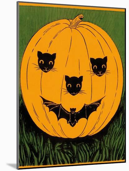 Halloween, Jack O'Lantern with Cat and Bat Cut-Outs-null-Mounted Art Print