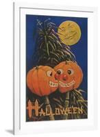 Halloween, Jack O'Lanterns with Corn Stalks-null-Framed Art Print