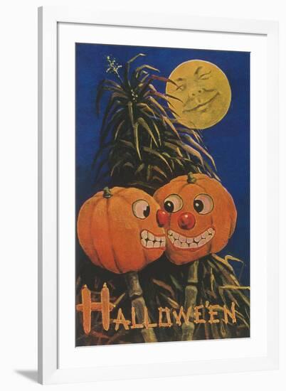 Halloween, Jack O'Lanterns with Corn Stalks-null-Framed Art Print