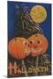 Halloween, Jack O'Lanterns with Corn Stalks-null-Mounted Art Print