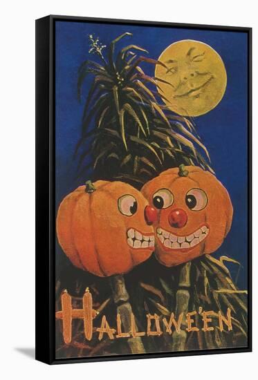 Halloween, Jack O'Lanterns with Corn Stalks-null-Framed Stretched Canvas
