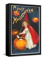 Halloween, Little Witch with Pumpkin Cauldron-null-Framed Stretched Canvas