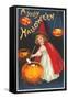 Halloween, Little Witch with Pumpkin Cauldron-null-Framed Stretched Canvas