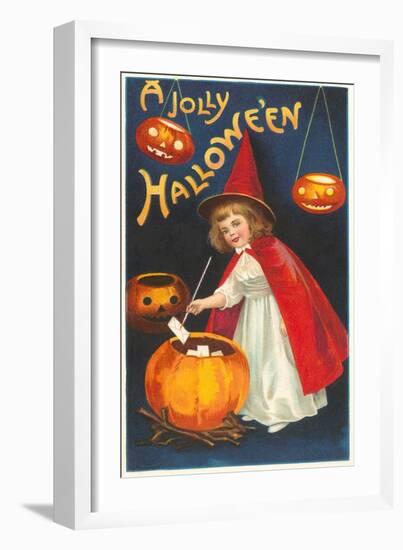 Halloween, Little Witch with Pumpkin Cauldron-null-Framed Art Print