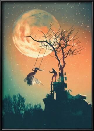 Halloween Night Background With Man Pushing Woman On Swing Illustration Painting Posters Tithi Luadthong Allposters Com