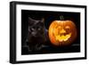 Halloween Pumpkin and Black Cat Scary Spooky and Creepy Horror Holiday Superstition Evil Animal And-kikkerdirk-Framed Photographic Print