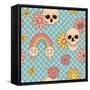 Halloween Seamless Pattern with Hippie Groovy Bony Scull with Rainbow and Daisy Flowers. Boho Aesth-Svetlana Shamshurina-Framed Stretched Canvas