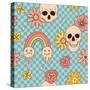 Halloween Seamless Pattern with Hippie Groovy Bony Scull with Rainbow and Daisy Flowers. Boho Aesth-Svetlana Shamshurina-Stretched Canvas