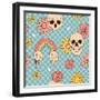 Halloween Seamless Pattern with Hippie Groovy Bony Scull with Rainbow and Daisy Flowers. Boho Aesth-Svetlana Shamshurina-Framed Photographic Print