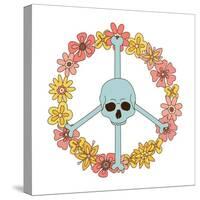 Halloween Skeleton Peace Sign Made of Hippie Groovy Bony Scull and Daisy Floral Wreath. Flower Powe-Svetlana Shamshurina-Stretched Canvas