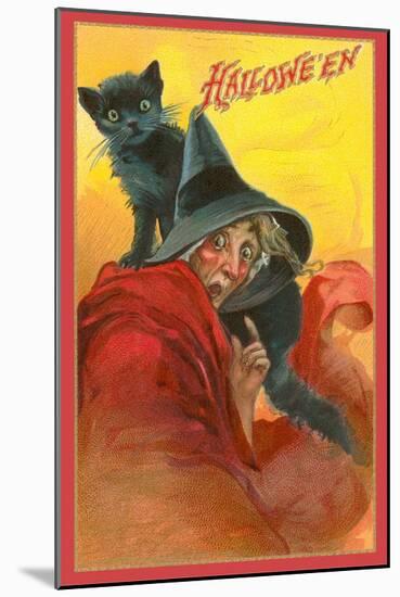 Halloween, Startled Witch and Cat-null-Mounted Art Print