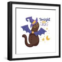 Halloween T-Shirt Design with Decorated Phrase Tonight We Fly and Cute Black Cat Weating Bat Wings-Svetlana Shamshurina-Framed Photographic Print