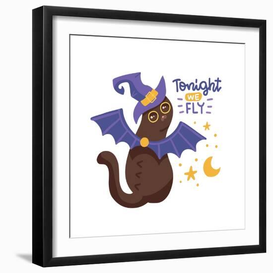 Halloween T-Shirt Design with Decorated Phrase Tonight We Fly and Cute Black Cat Weating Bat Wings-Svetlana Shamshurina-Framed Photographic Print