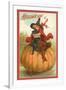 Halloween, Victorian Witch on Pumpkin-null-Framed Art Print