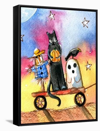 Halloween Wagon Scarecrow Ghost cat-sylvia pimental-Framed Stretched Canvas