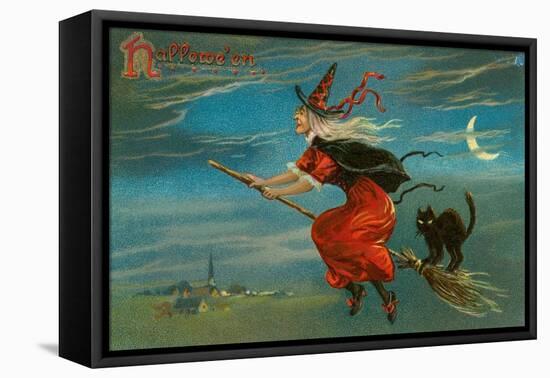 Halloween, Witch and Cat on Broom-null-Framed Stretched Canvas