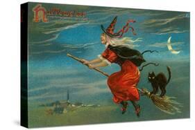 Halloween, Witch and Cat on Broom-null-Stretched Canvas