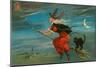 Halloween, Witch and Cat on Broom-null-Mounted Art Print
