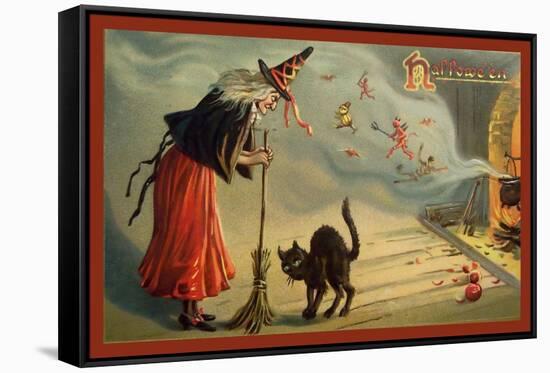 Halloween Witch and Cat-Vintage Apple Collection-Framed Stretched Canvas