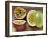 Halved Purple Granadilla and Granadilla (Passion Fruit)-Eising Studio - Food Photo and Video-Framed Photographic Print