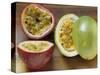 Halved Purple Granadilla and Granadilla (Passion Fruit)-Eising Studio - Food Photo and Video-Stretched Canvas