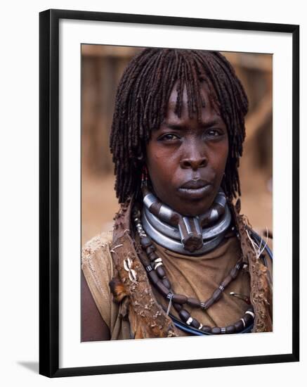 Hamar Woman in Village Square of Dimeka, Married Women Wear Two Heavy Steel Necklaces, Ethiopia-John Warburton-lee-Framed Photographic Print