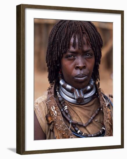 Hamar Woman in Village Square of Dimeka, Married Women Wear Two Heavy Steel Necklaces, Ethiopia-John Warburton-lee-Framed Photographic Print