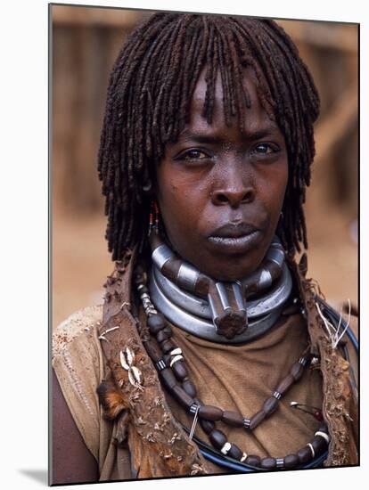 Hamar Woman in Village Square of Dimeka, Married Women Wear Two Heavy Steel Necklaces, Ethiopia-John Warburton-lee-Mounted Photographic Print