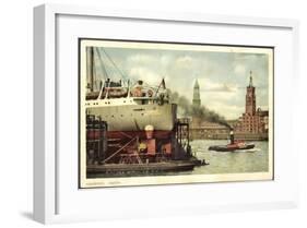 Hamburg, Hafenpartie Mit Dampfer Und Stadtblick-null-Framed Giclee Print