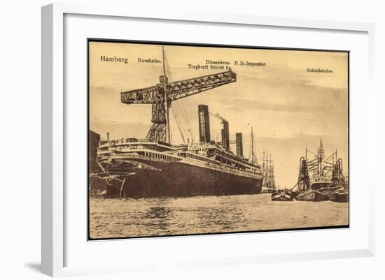 Hamburg, Rosshafen, Hapag, Dampfer Imperator, Kran-null-Framed Giclee Print