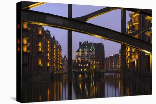 Hamburg, Speicherstadt (City of Warehouses), Dusk, PoggenmŸhlenbrŸcke (Bridge)-Catharina Lux-Stretched Canvas