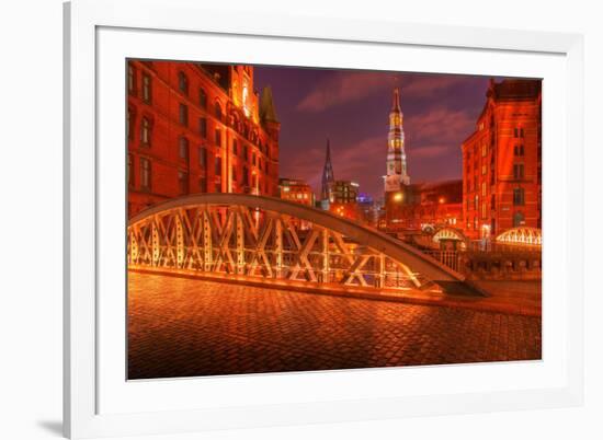 Hamburg Warehouse District, Illuminated, Red, Evening-Thomas Ebelt-Framed Photographic Print