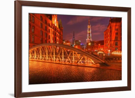 Hamburg Warehouse District, Illuminated, Red, Evening-Thomas Ebelt-Framed Photographic Print