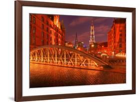 Hamburg Warehouse District, Illuminated, Red, Evening-Thomas Ebelt-Framed Photographic Print