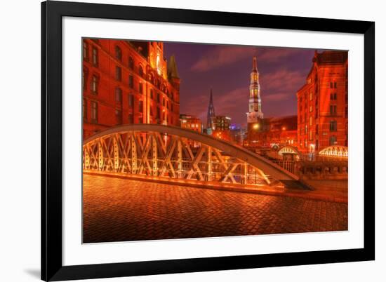 Hamburg Warehouse District, Illuminated, Red, Evening-Thomas Ebelt-Framed Photographic Print