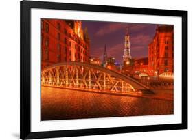 Hamburg Warehouse District, Illuminated, Red, Evening-Thomas Ebelt-Framed Photographic Print