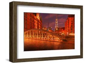 Hamburg Warehouse District, Illuminated, Red, Evening-Thomas Ebelt-Framed Photographic Print