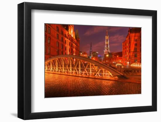 Hamburg Warehouse District, Illuminated, Red, Evening-Thomas Ebelt-Framed Photographic Print