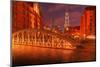 Hamburg Warehouse District, Illuminated, Red, Evening-Thomas Ebelt-Mounted Photographic Print