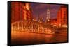 Hamburg Warehouse District, Illuminated, Red, Evening-Thomas Ebelt-Framed Stretched Canvas