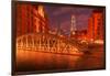 Hamburg Warehouse District, Illuminated, Red, Evening-Thomas Ebelt-Framed Photographic Print