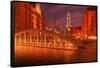 Hamburg Warehouse District, Illuminated, Red, Evening-Thomas Ebelt-Framed Stretched Canvas