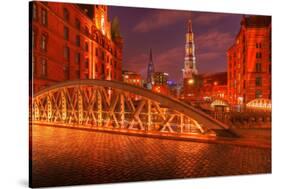 Hamburg Warehouse District, Illuminated, Red, Evening-Thomas Ebelt-Stretched Canvas